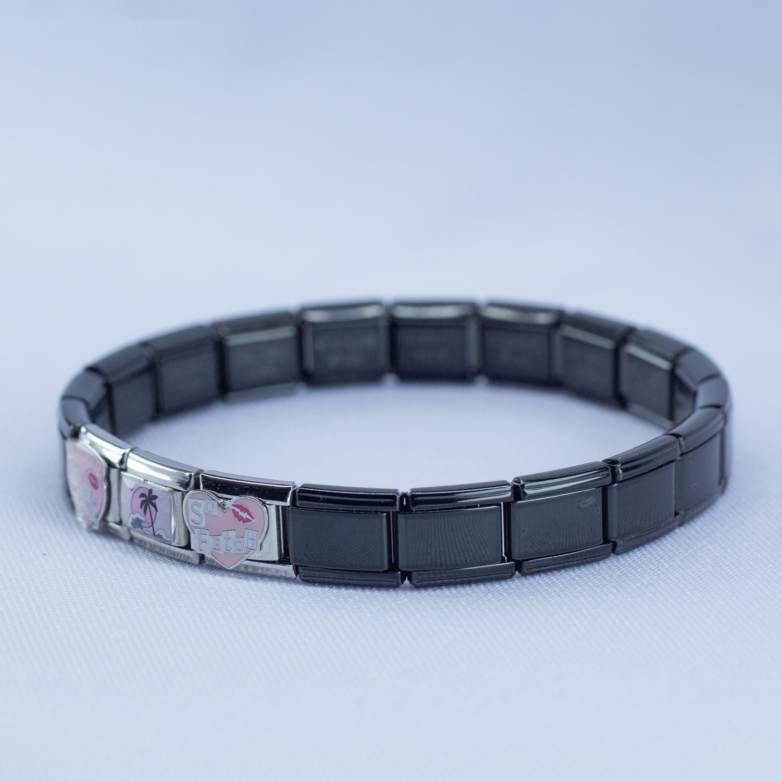 Black Link Charm Bracelet – Pink “So Fetch” Travel & Aesthetic Edition - Image 3