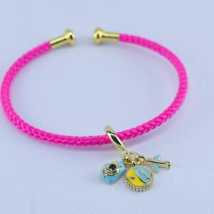 Wanderlust Travel Charm Bracelet – Hot Pink Cord with Airplane, Camera & Travel Map Charms