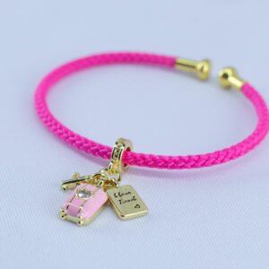 Wanderlust Travel Charm Bracelet – Hot Pink Cord with Suitcase & Love Travel Charms
