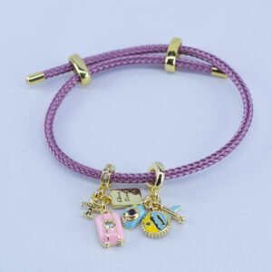 Wanderlust Travel Charm Bracelet – Lilac Cord with Suitcase, Airplane & Love Travel Charms
