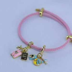 Dream Travel Charm Bracelet – Pink Cord with Suitcase & Adventure Charms