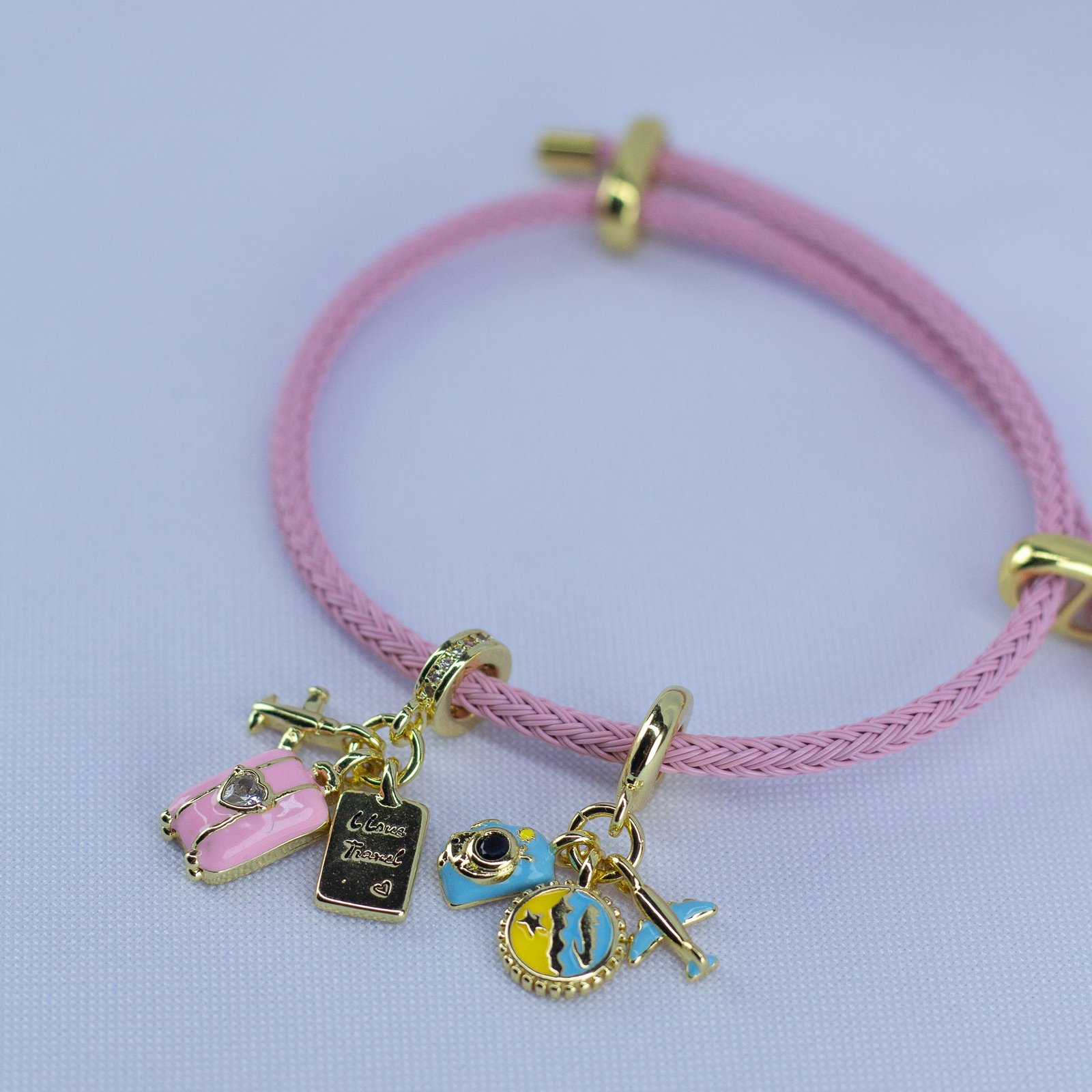 Dream Travel Charm Bracelet – Pink Cord with Suitcase & Adventure Charms