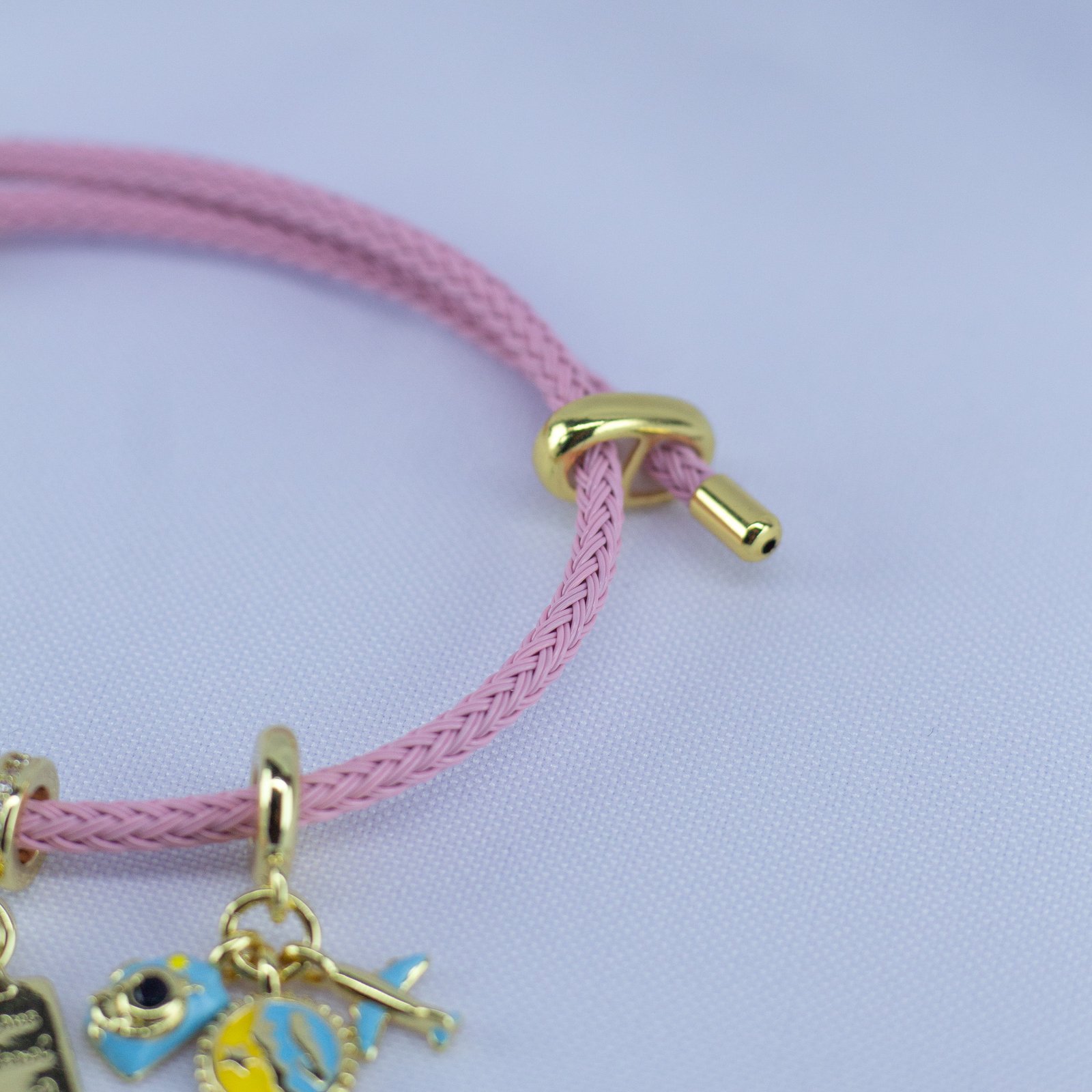 Dream Travel Charm Bracelet – Pink Cord with Suitcase & Adventure Charms - Image 5