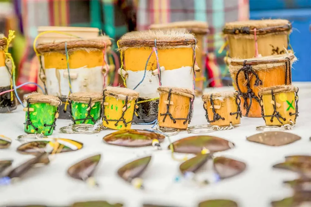Handmade Caribbean Coast drums and local handicrafts displayed at a cultural event in Nicaragua